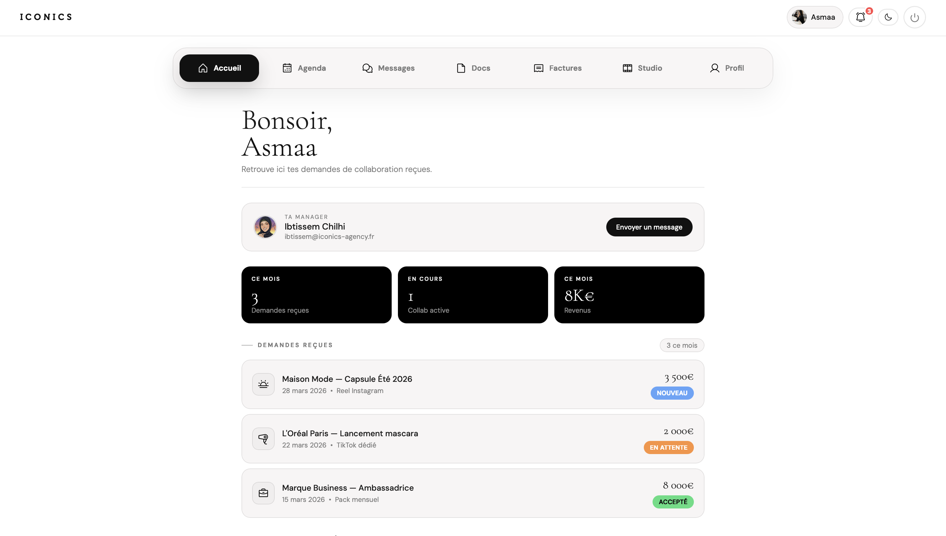 Aperçu mobile dashboard influenceur